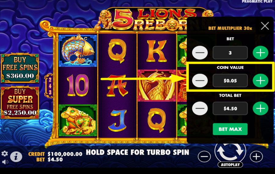 5 Lions Reborn BESTIMMEN SIE DEN MÜNZWERT.