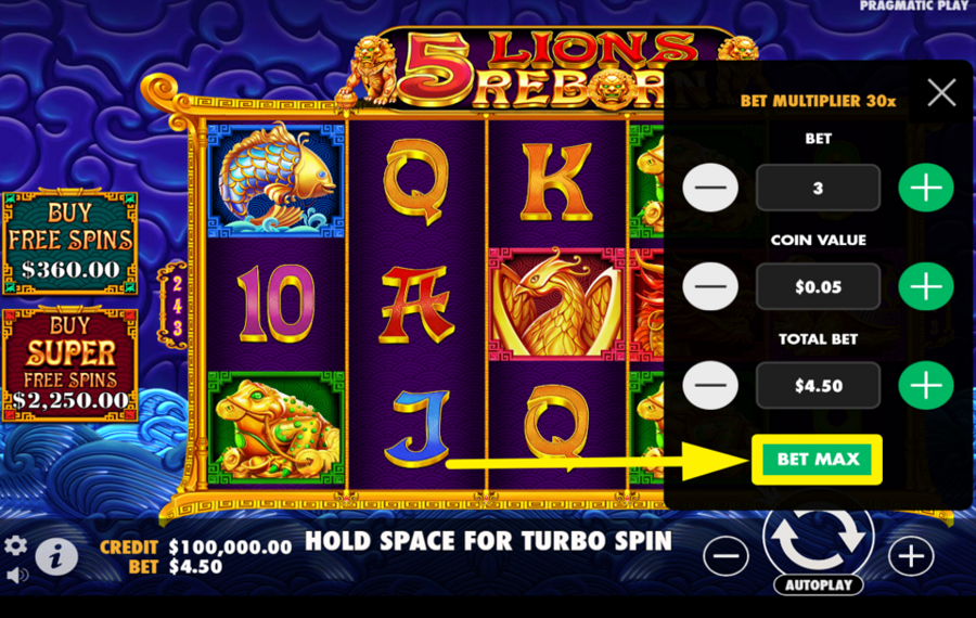 5 Lions Reborn FESTLEGEN SIE DAS HÖCHSTE EINSATZLIMIT.