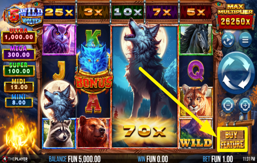 5 Wild Wolves BUY A BONUS ROUND.