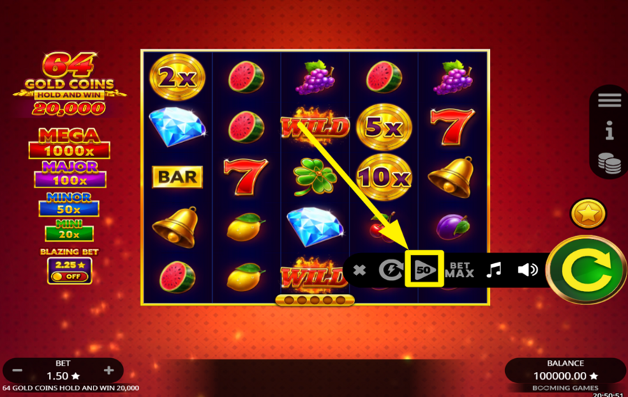 64 Gold Coins Hold and Win 20000 UTILISEZ LA FONCTION DE LECTURE AUTOMATIQUE.