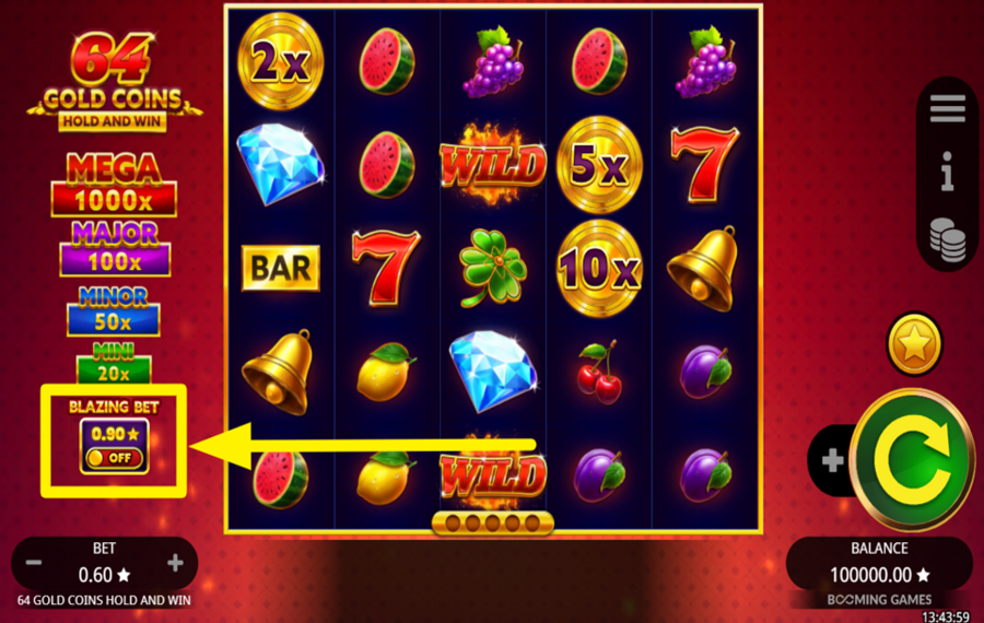 64 Gold Coins Hold and Win TURN ON BLAZING BET.