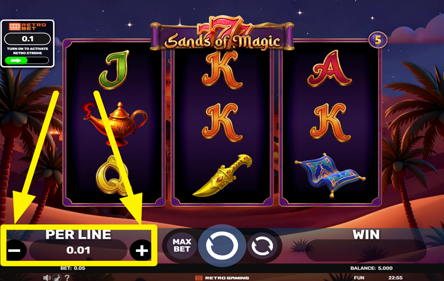 777 Sands of Magic DECIDE ON THE BET PER LINE.
