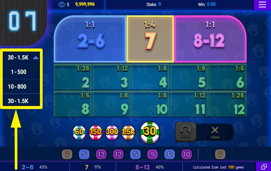 7 Up Down DEFINE EL RANGO DE APUESTA.