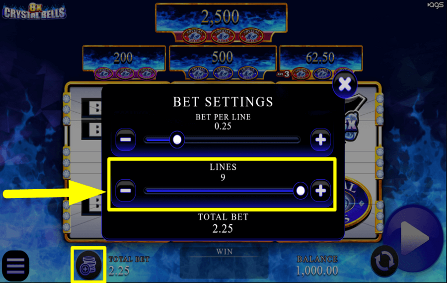 8x Crystal Bells ADJUST THE PAYLINES.
