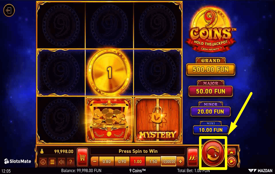 9 Coins Fare clic/toccare il pulsante “Gira”.