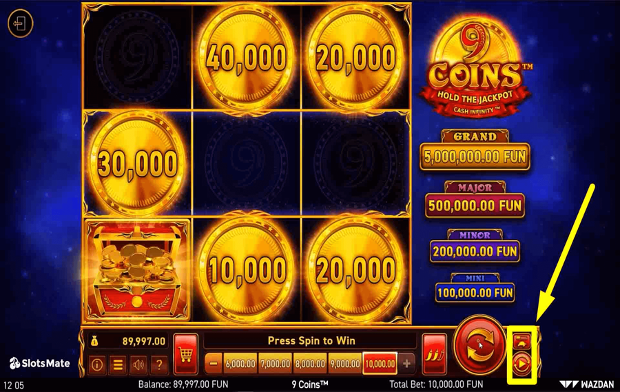 9 Coins Utilizzando la funzione opzionale "Autoplay" e "Turbo".