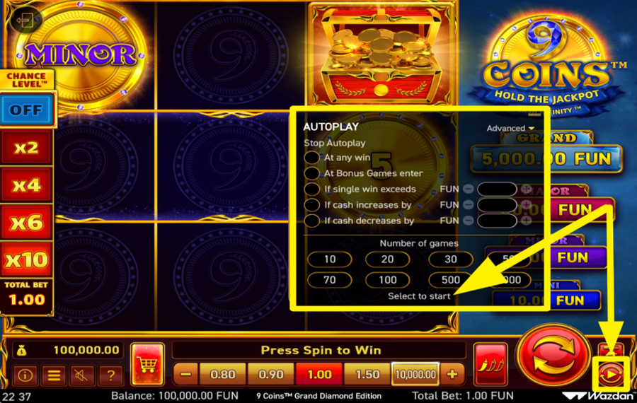 9 Coins Grand Diamond Edition SPIN THE REELS AUTOMATICALLY.