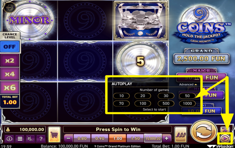 9 Coins Grand Platinum Edition AVVIA SPIN AUTOMATICI.