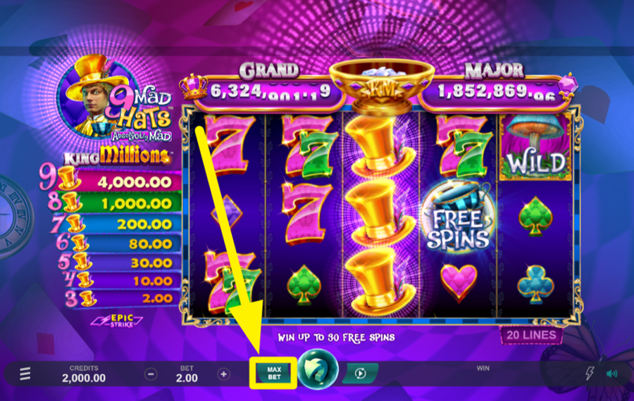 9 Mad Hats King Millions ESTABLEZCA LA APUESTA MÁXIMA.