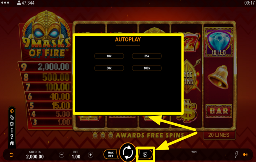9 Masks of Fire CHOOSE AUTOMATIC SPINS.