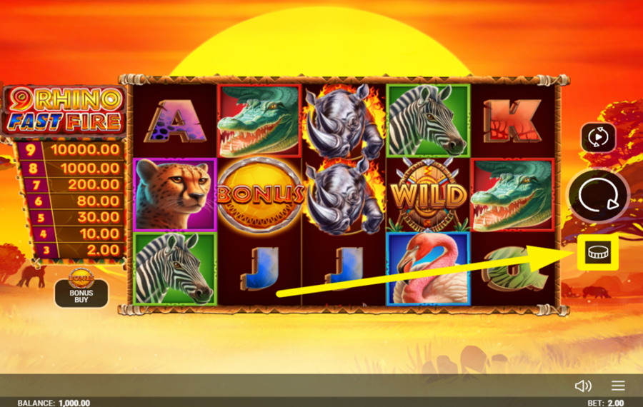 9 Rhino Fast Fire ВЫБЕРИТЕ СУММУ СТАВКИ.