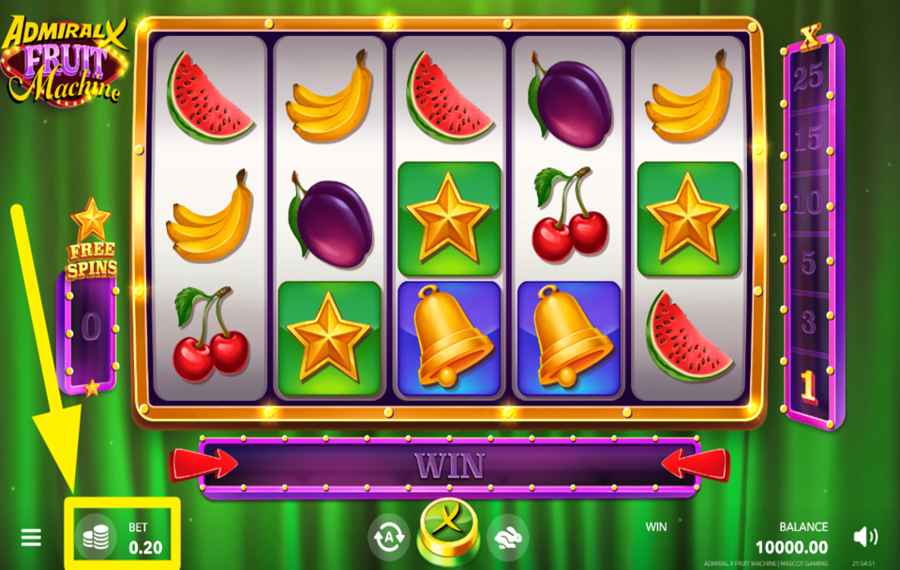 AdmiralX Fruit Machine SELECT YOUR BET AMOUNT.