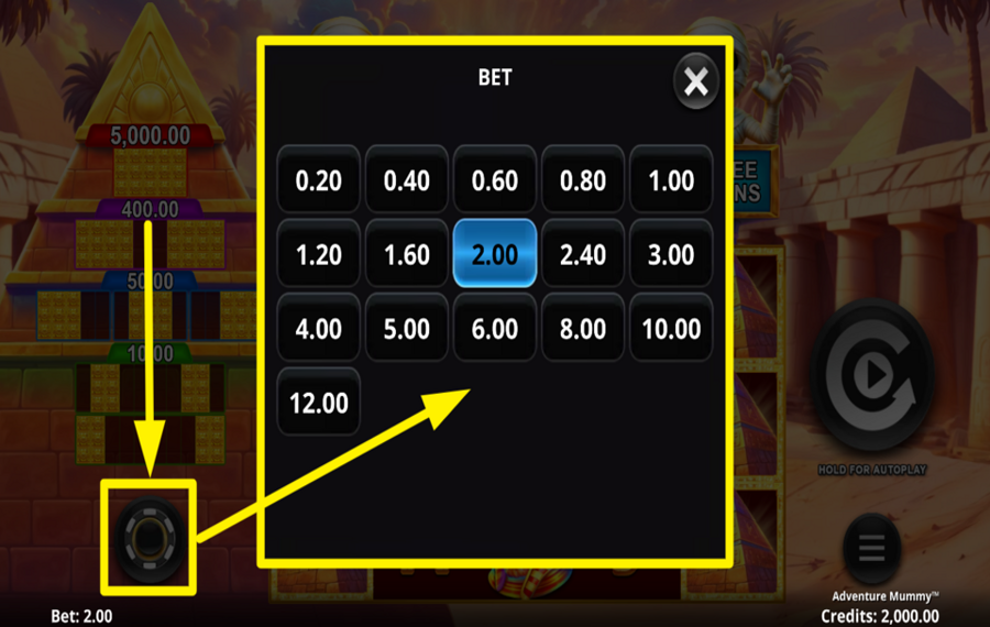 Adventure Mummy SELECT YOUR BET AMOUNT.