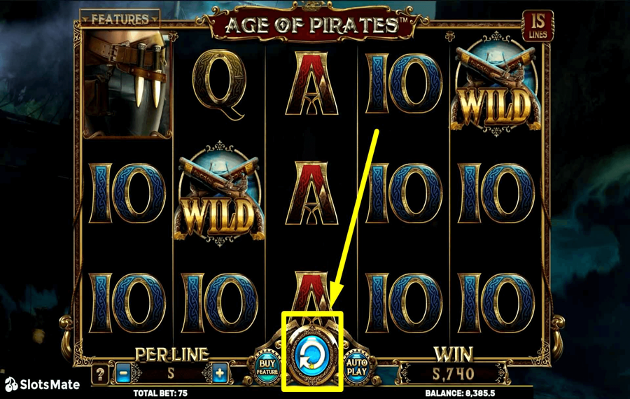 Age of Pirates 15 Lines Нажмите/нажмите кнопку «Вращать».