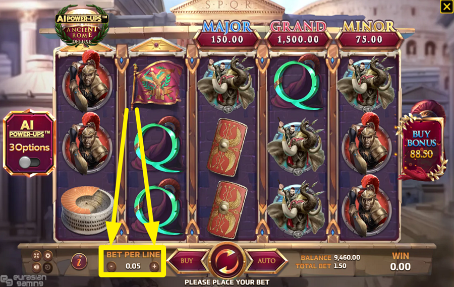 Ancient Rome Deluxe AI SPECIFY YOUR STAKE PER LINE.