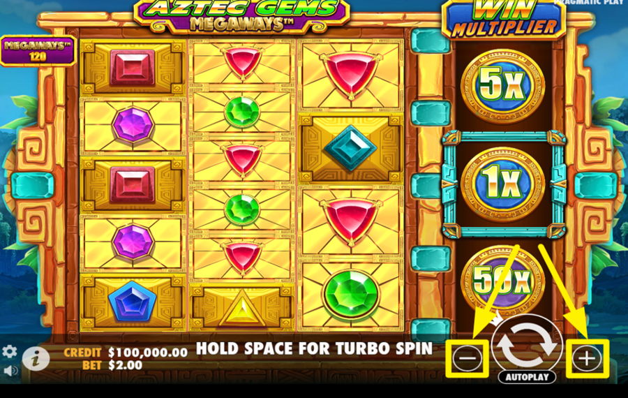 Aztec Gems Megaways MODIFY THE BET AMOUNT.