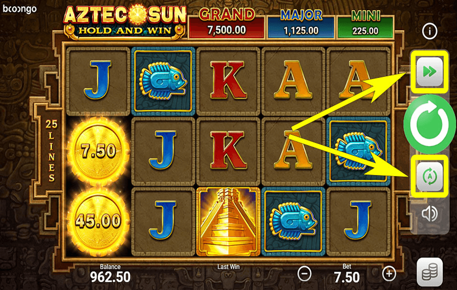 Aztec Sun Using the optional “Autoplay” and “Turbo” features.