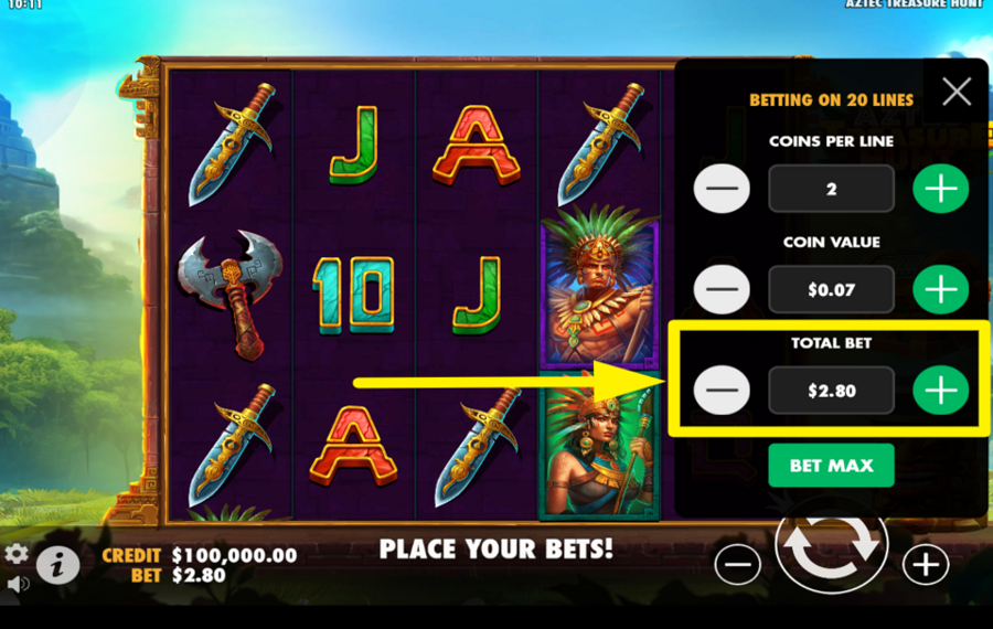 Aztec Treasure Hunt Legen Sie den Gesamteinsatz fest.