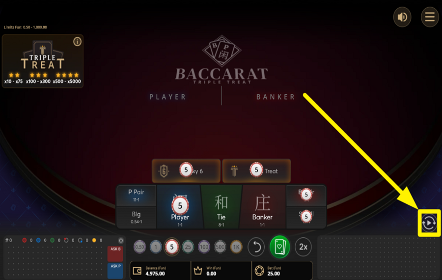 Baccarat Triple Treat ACTIVER LA LECTURE AUTOMATIQUE.