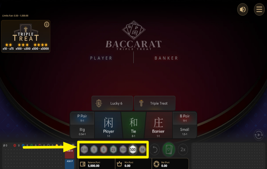 Baccarat Triple Treat CHOISISSEZ UN MONTANT DE PARI.