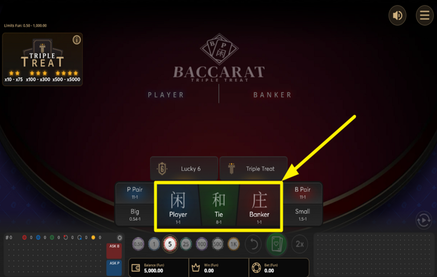 Baccarat Triple Treat METTEZ LA MISE PRINCIPALE.