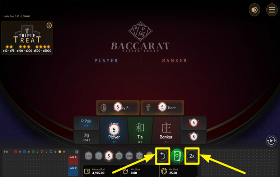 Baccarat Triple Treat ANNULER OU DOUBLEZ VOTRE MISE.