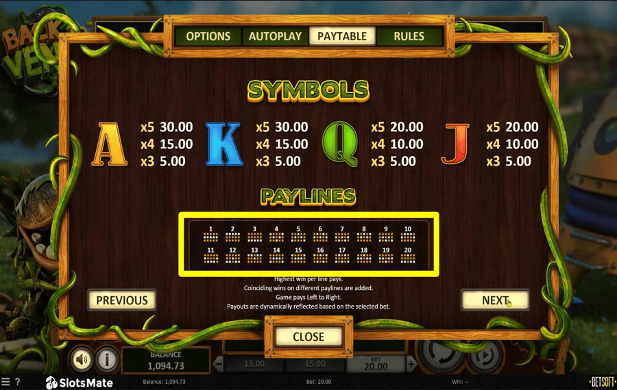 Back to Venus Choose the paylines.