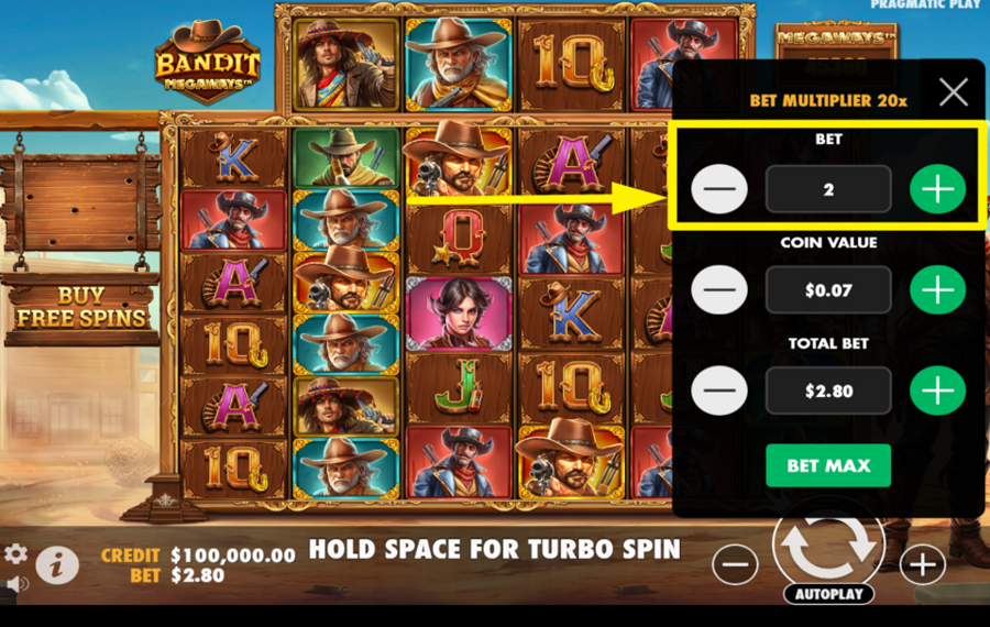 Bandit Megaways MODIFY THE BET LEVEL.