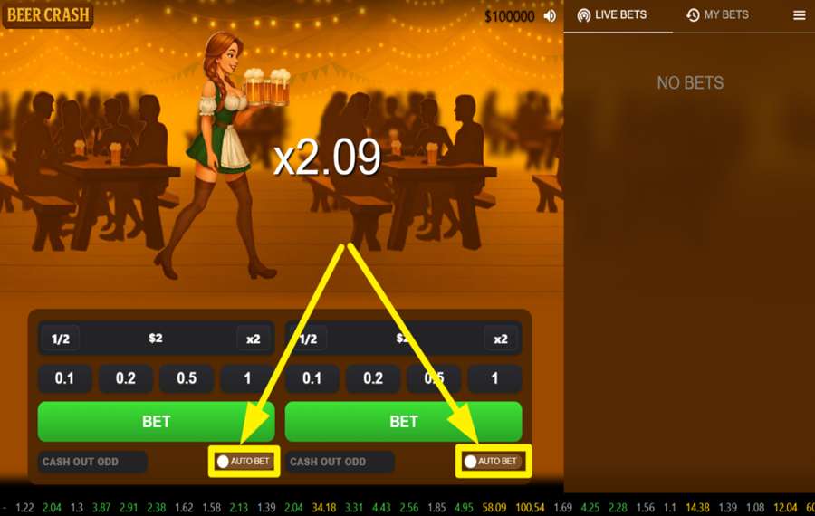 Beer Crash NUTZEN SIE DIE AUTOMATISCHE WETTFEATURE.