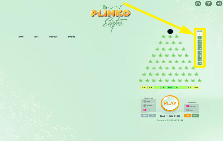 BGaming Easter Plinko DEFINIR EL NÚMERO DE LÍNEAS.