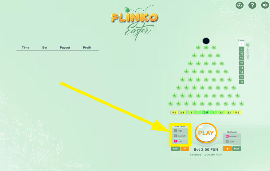 BGaming Easter Plinko SELECCIONE UN NIVEL DE RIESGO.