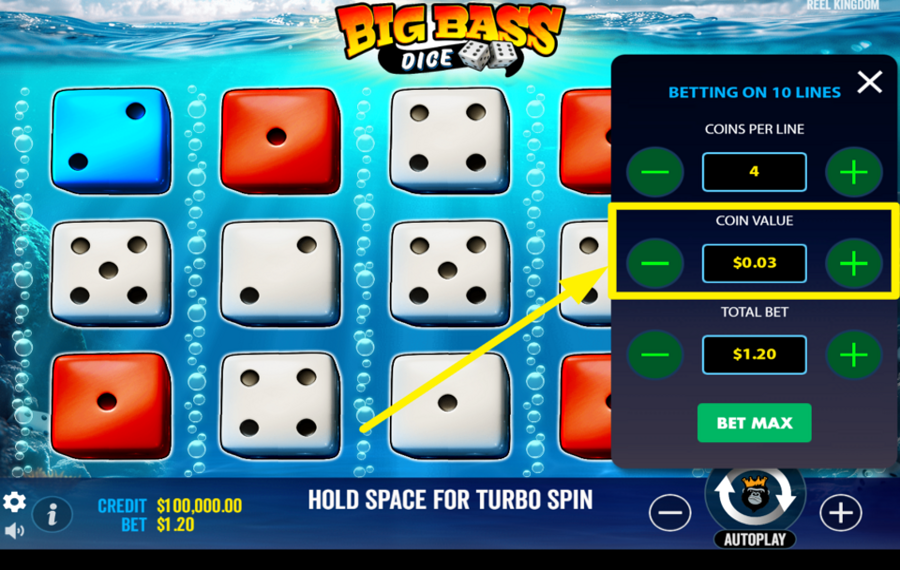 Big Bass Dice SPÉCIFIEZ LA VALEUR DE LA PIÈCE.