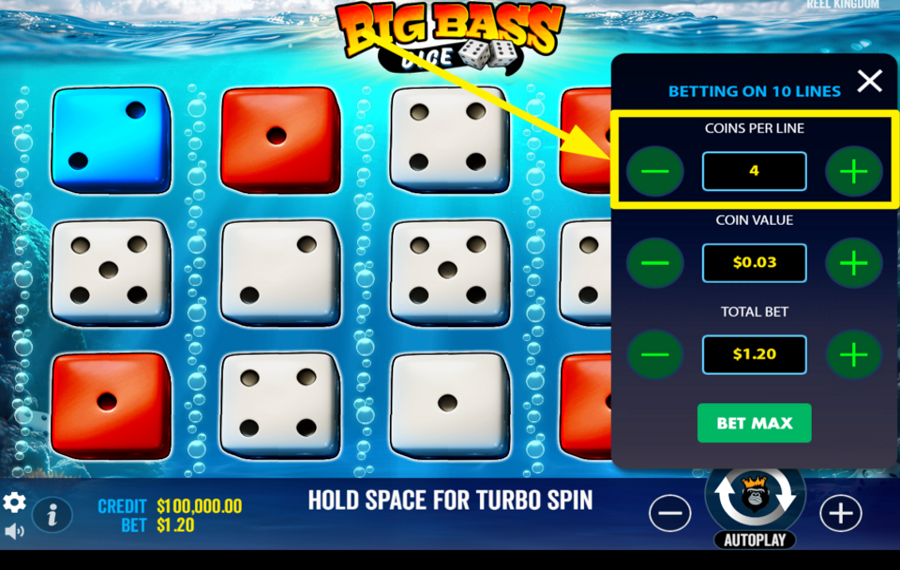 Big Bass Dice SÉLECTIONNEZ LES PIÈCES PAR LIGNE.