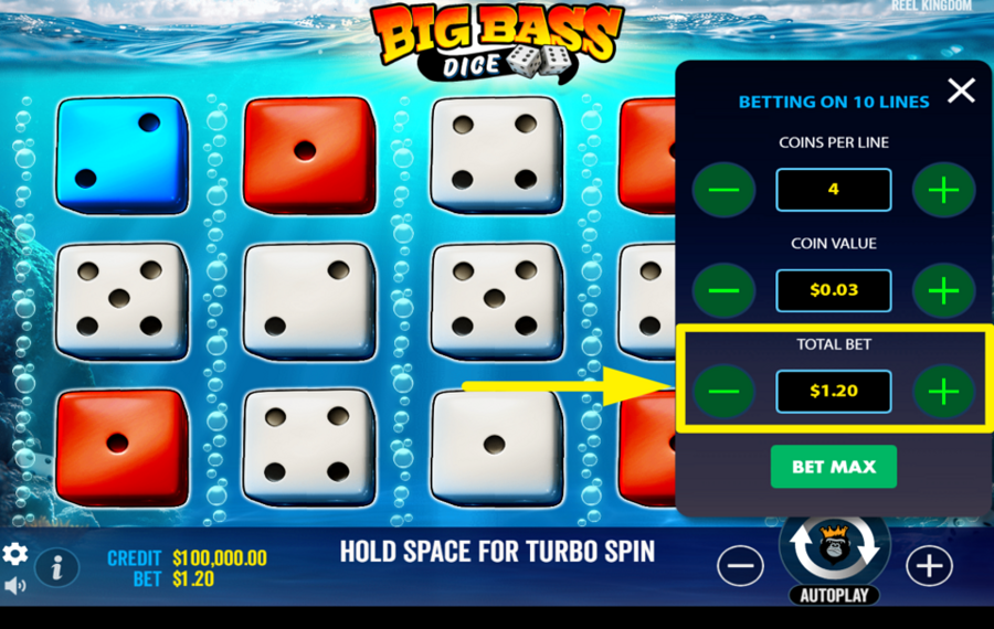 Big Bass Dice ATTRIBUER UN MONTANT TOTAL DE PARI.