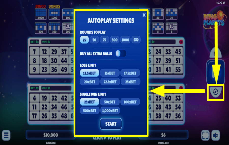 Bingo Planets PROCÉDER AUTOMATIQUEMENT.