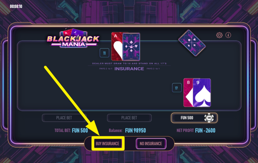 Blackjack Mania ACHETEZ L'ASSURANCE.