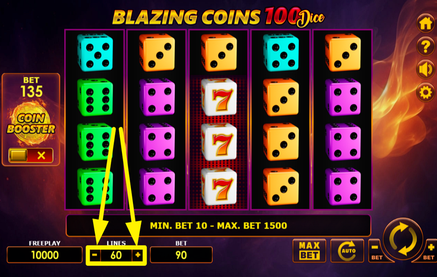Blazing Coins 100 Dice AJUSTER LE NOMBRE DE LIGNES DE PAIEMENT.