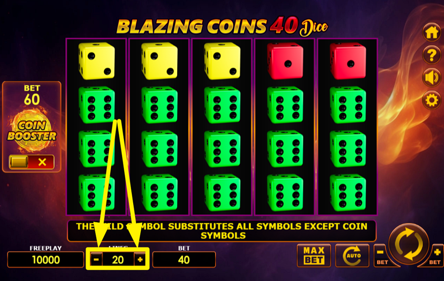Blazing Coins 40 Dice MODIFIER LE NOMBRE DE LIGNES DE PAYLISTS ACTIVES.