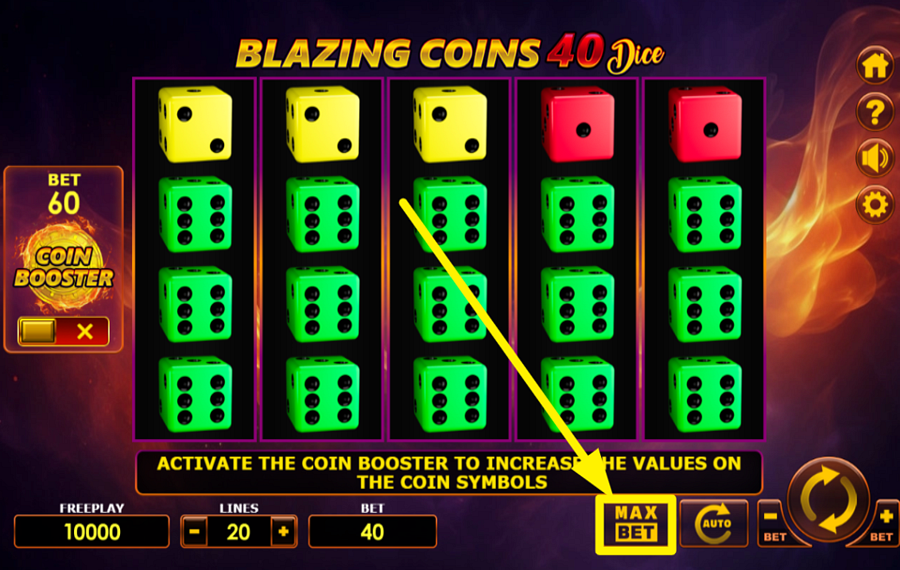 Blazing Coins 40 Dice AJUSTEZ LA MISE AU MAXIMUM.