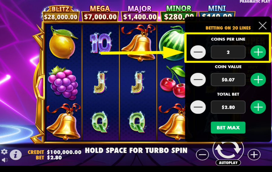 Blitz Super Wheel ADJUST THE COINS PER LINE.