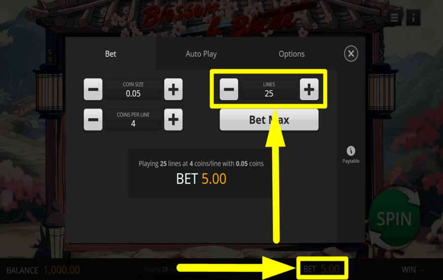 Blossom and Blade ADJUST PAYLINES.