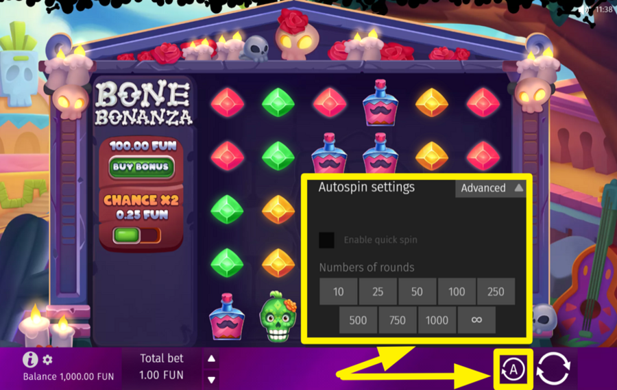 Bone Bonanza НАЧАТЬ АВТОМАТИЧЕСКИЕ ВРАЩЕНИЯ.