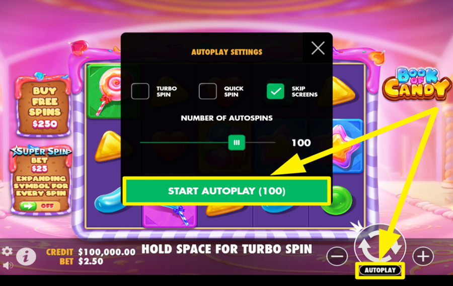 Book of Candy SPIN THE REELS AUTOMATICALLY.