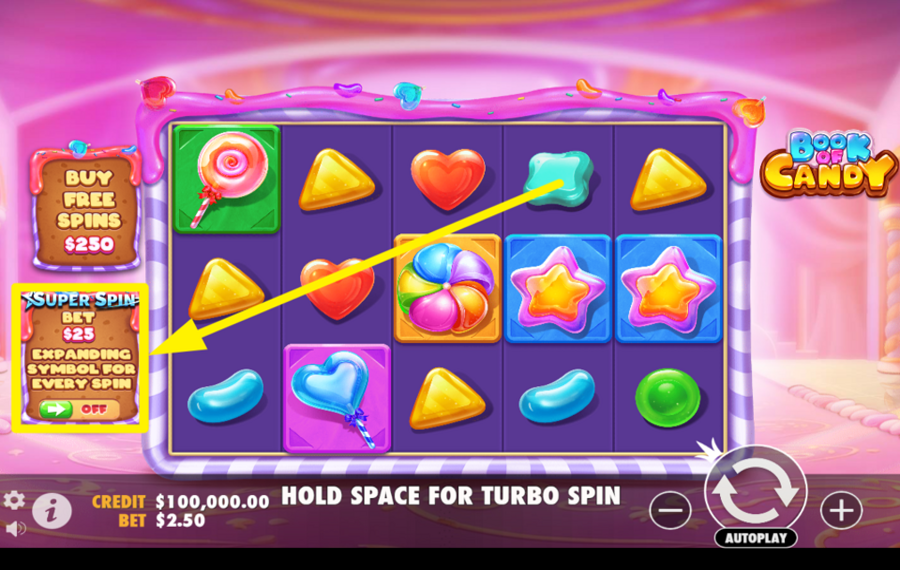 Book of Candy TURN ON SUPER SPIN.