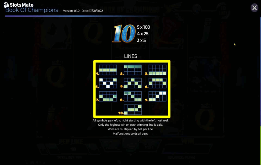 Book of Champions Wählen Sie die Gewinnlinien.