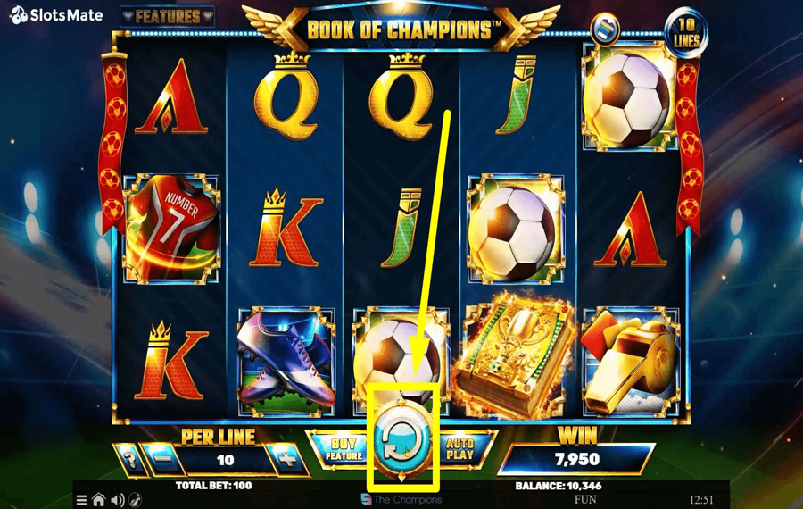 Book of Champions Klicken/tippen Sie auf die Schaltfläche „Drehen“.