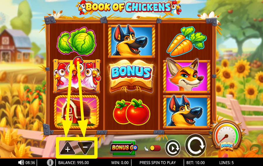 Book of Chickens 賭け金を調整してください。