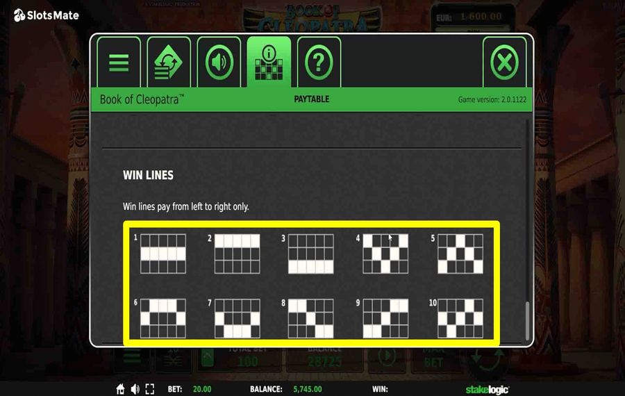 Book of Cleopatra Choose the paylines.