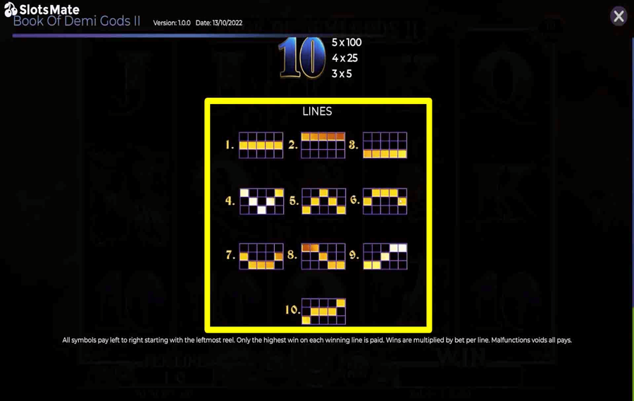 Book of Demi Gods II Choisissez les lignes de paiement.