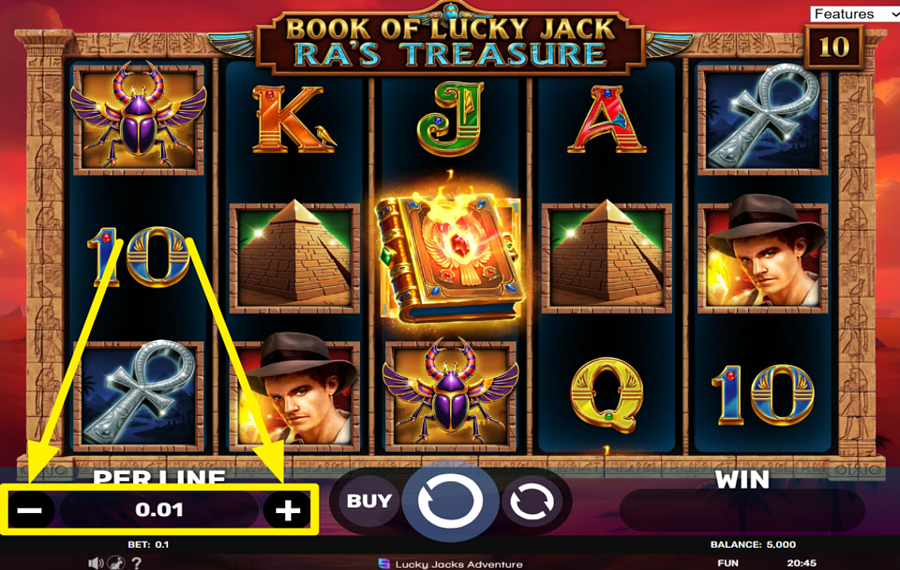 Book of Lucky Jack Ras Treasure ASSEGNARE UN VALORE DI SCOMMESSA DI LINEA.